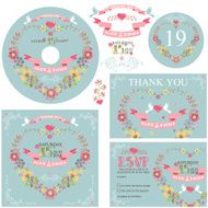 Cute wedding template set with floral wreath