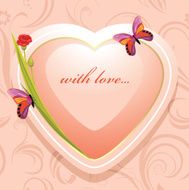 Pink heart with flowers and butterflies on the ornamental background