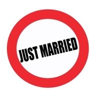 JUST MARRIED black stamp text on white