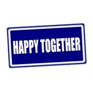 Happy together white stamp text on blue background
