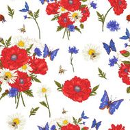Summer Vintage Floral Seamless Pattern with Blooming Red Poppies N6