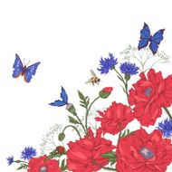 Summer Vintage Greeting Card with Blooming Red Poppies N4