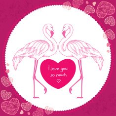 Two dotted pink flamingo with heart in the round frame