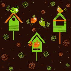 Birds with birdhouses on a brown background flowers N2