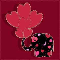 Funny elephant with hearts on a red background N2