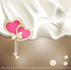 holiday background with beige silk two pink hearts and pearls