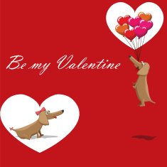 Valentine's Day dog with balloons flying postcard