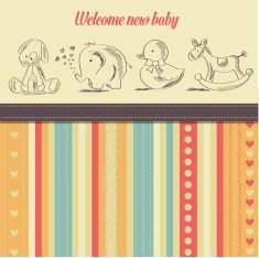 new baby announcement card with retro toys