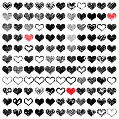 Vector set of Hand drawn hearts Red and black color