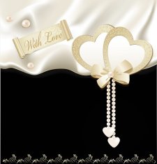 holiday background with black silk two hearts and pearls