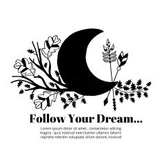 Moon and arrows leaves branches label on white background Follow