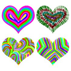 Set of watercolor and color pencils or crayons rainbow hearts N7