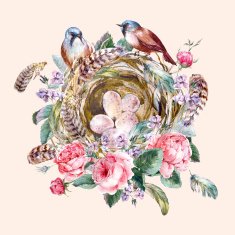 Classical watercolor floral vintage greeting card with rose birds nests