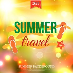 Shining summer travel typographical background with blurred bokeh lights and