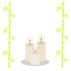 Three burning candles and bamboo White background Isolated Flat design