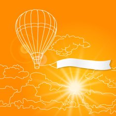 Air balloon with blank banner flying in the sunny orange