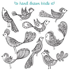 Set of cute ornamental hand drawn birds N3