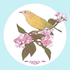 Greeting Card with Bird Sitting Down on Blooming Tree Twigs N2