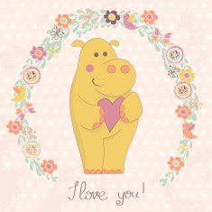 Hippo with heart and floral frame