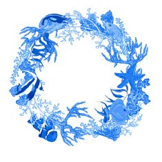Blue Sea life Vintage Round Frame with Fish and Seaweed