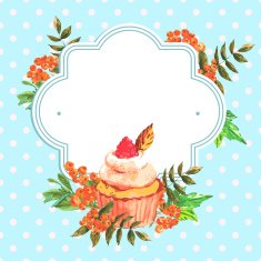 Vintage invitation card watercolor cupcakes and flowers with polka dots N2