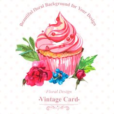 Vintage invitation card watercolor cupcakes and flowers with polka dots N6