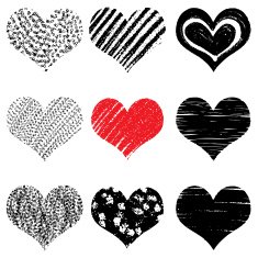 Vector set of Hand drawn hearts Red and black color N4
