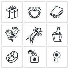 Gifts for women on holiday icons set Vector Illustration