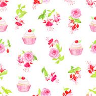 Blooming fuchsia cupcakes and roses seamless vector print
