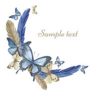 Watercolor butterflies and feathers Round frame card Illustra