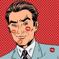 Traces of a kiss on the man face pop art