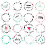 Romantic hand drawn collection of laurels wreaths and floral elements