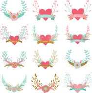 Romantic hand drawn collection of laurels wreaths and floral elements N2