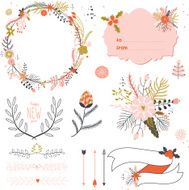 Romantic hand drawn collection of laurels wreaths and floral elements N10