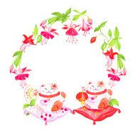 Fuchsia and lucky cats sitting on pillows watercolor vector frame