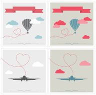 Set of retro cards with aerostat and plane flying in