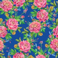 seamless pattern of peony flowers with leaves and smaller flower N2
