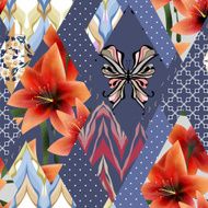 Patchwork seamless floral orange lilly pattern N2