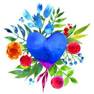 Vintage background with flowers in love and watercolor heart
