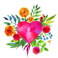 Vintage background with flowers in love and watercolor heart N2