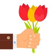 hand holding bouquet of tulip tulips in hand