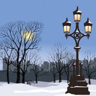 Winter park landscape with luminous street lamp