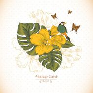 Vintage Greeting Card Tropical Flowers Butterfly and Birds N2