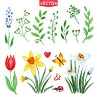 Watercolor flowers green branches set Spring summer