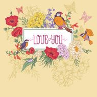 Vintage Floral Greeting Card with Birds and Butterflies