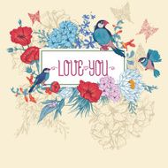 Vintage Floral Greeting Card with Birds and Butterflies N2