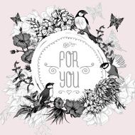 Vintage Monochrome Floral Greeting Card with Birds and Butterflies