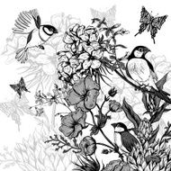 Vintage Monochrome Floral Greeting Card with Birds and Butterflies N2