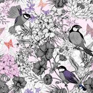 Retro Summer Seamless Monochrome Floral Pattern with Birds and Butterflies N2