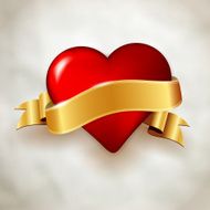 Glossy red heart and golden ribbon on paper background